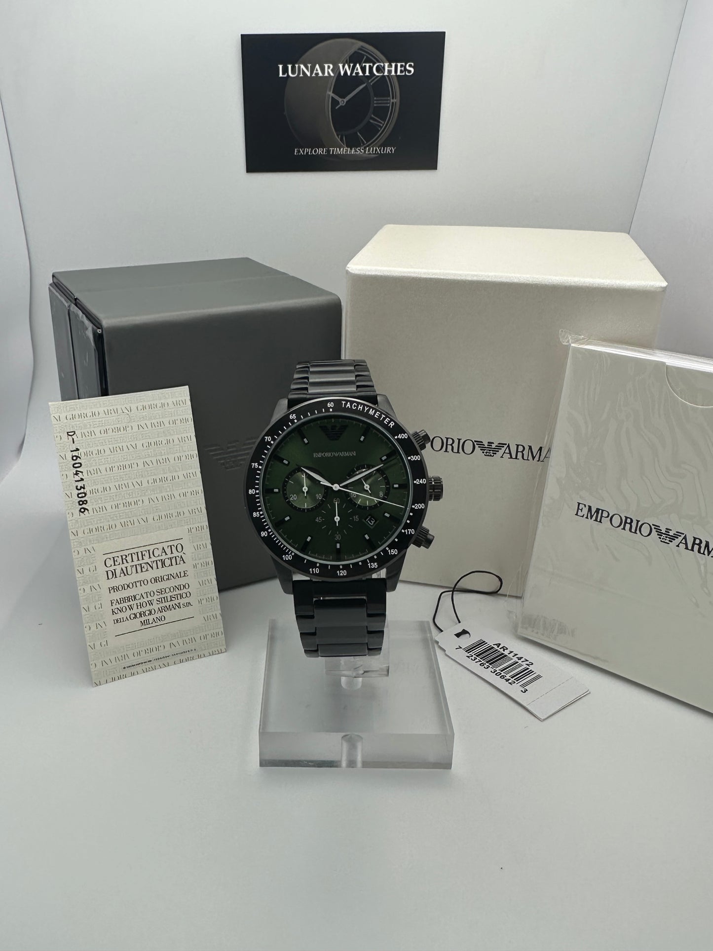 Emporio Armani 11472 Dark Green Dial Black Stainless Steel Mens Chronograph Watch