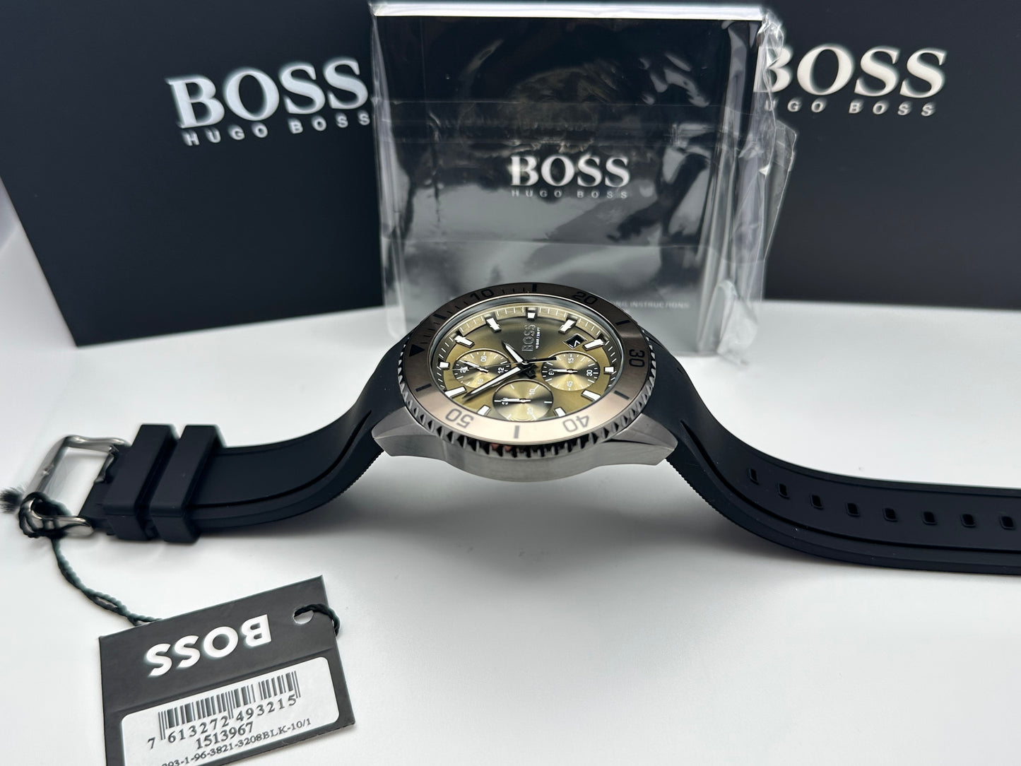 BOSS Admiral 1513967 Olive Green Dial Black Silicon Strap Mens Chronograph Watch