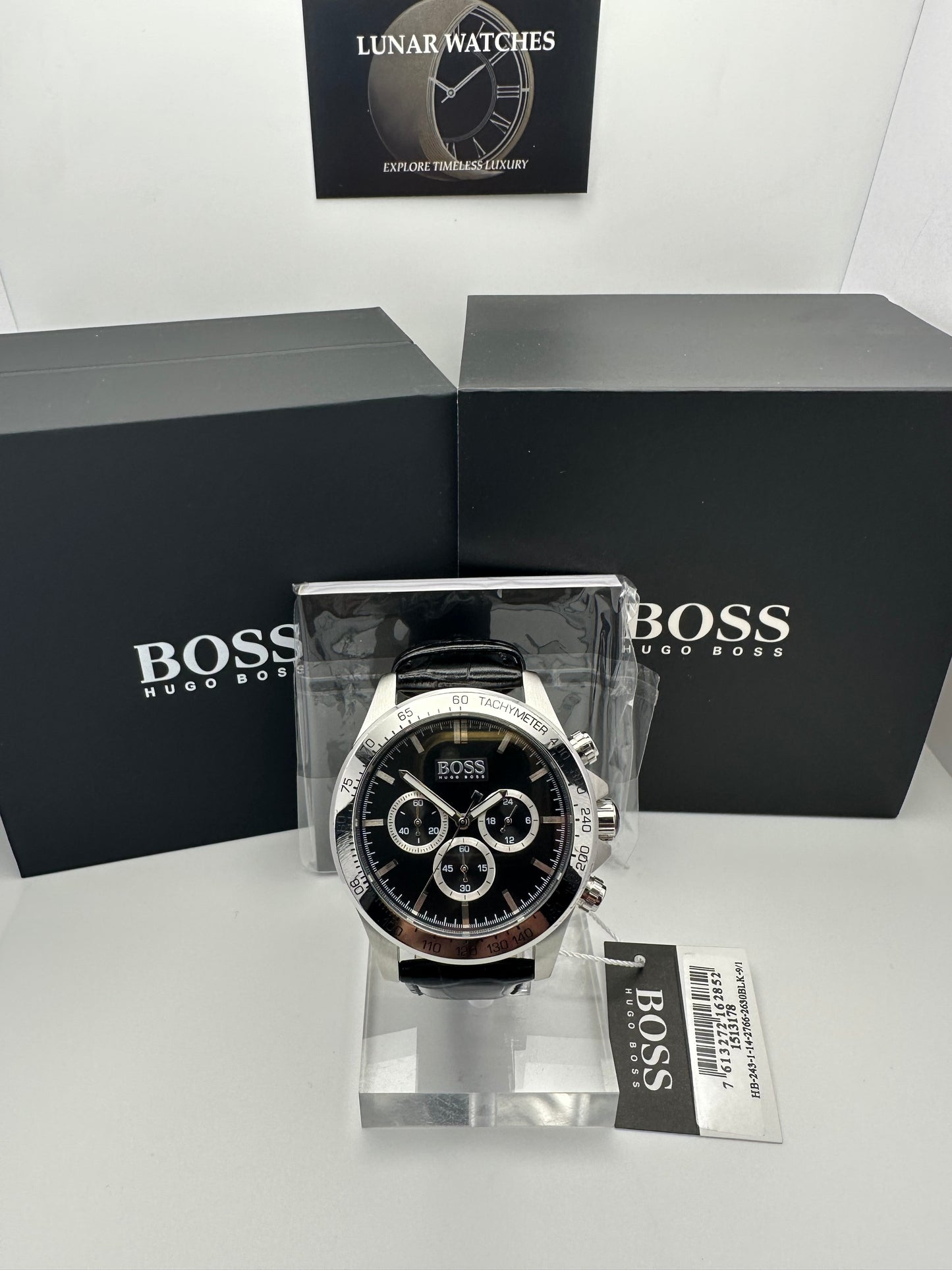 Hugo Boss Ikon 1513178 Leather Strap Black Dial Silver Tone Case Mens Chronograph Watch