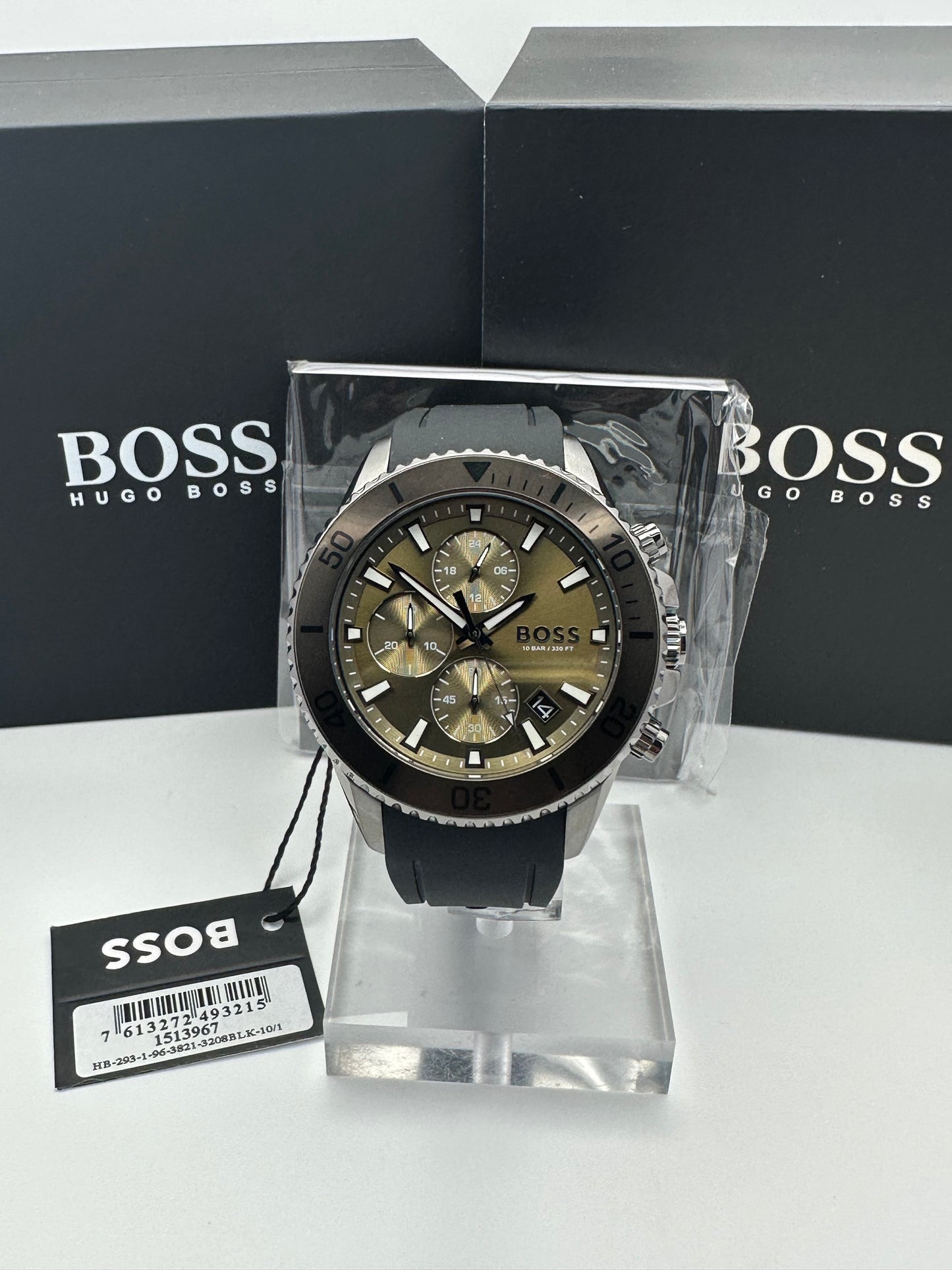 BOSS Admiral 1513967 Olive Green Dial Black Silicon Strap Mens Chronograph Watch