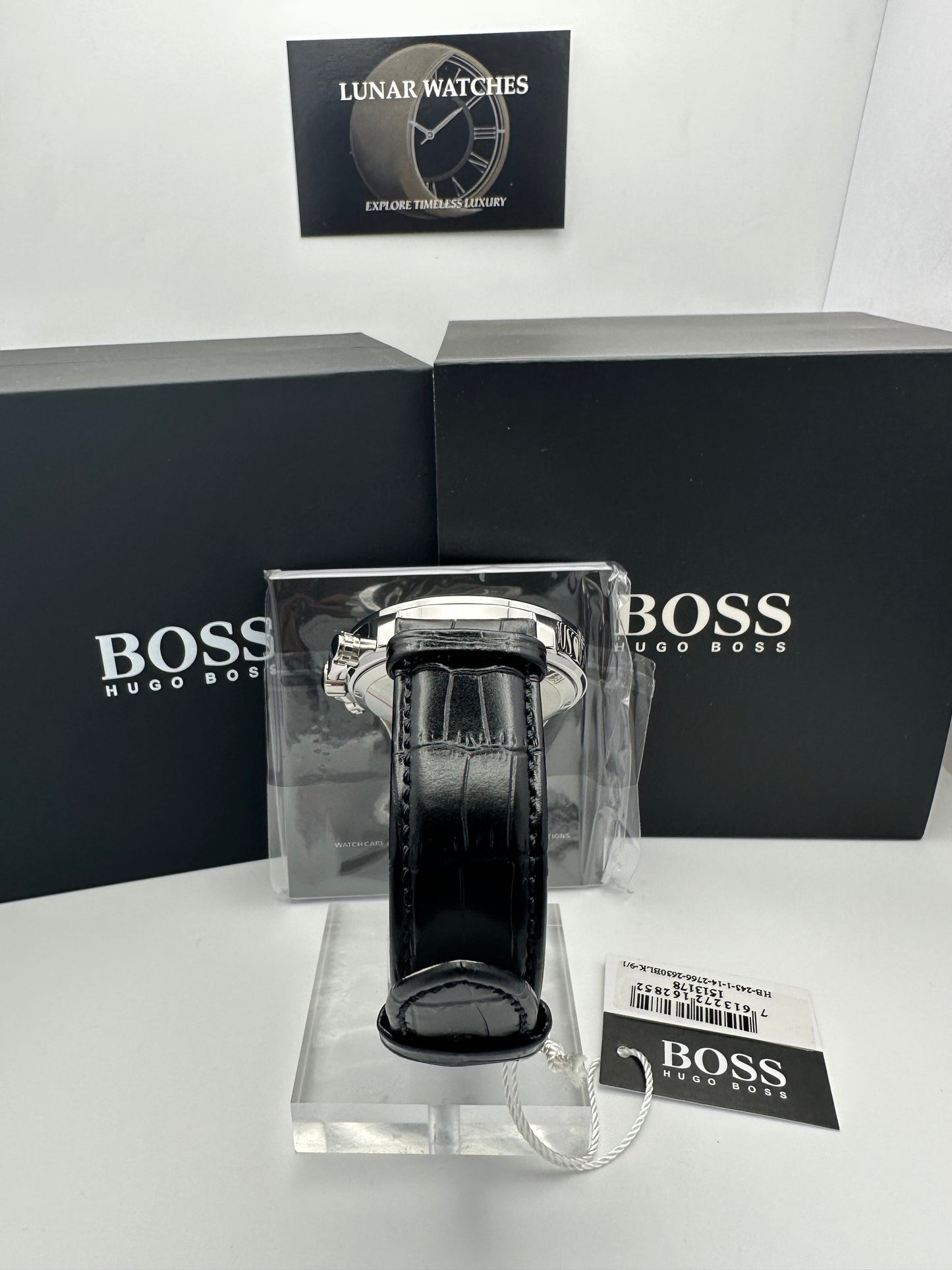 Hugo Boss Ikon 1513178 Leather Strap Black Dial Silver Tone Case Mens Chronograph Watch