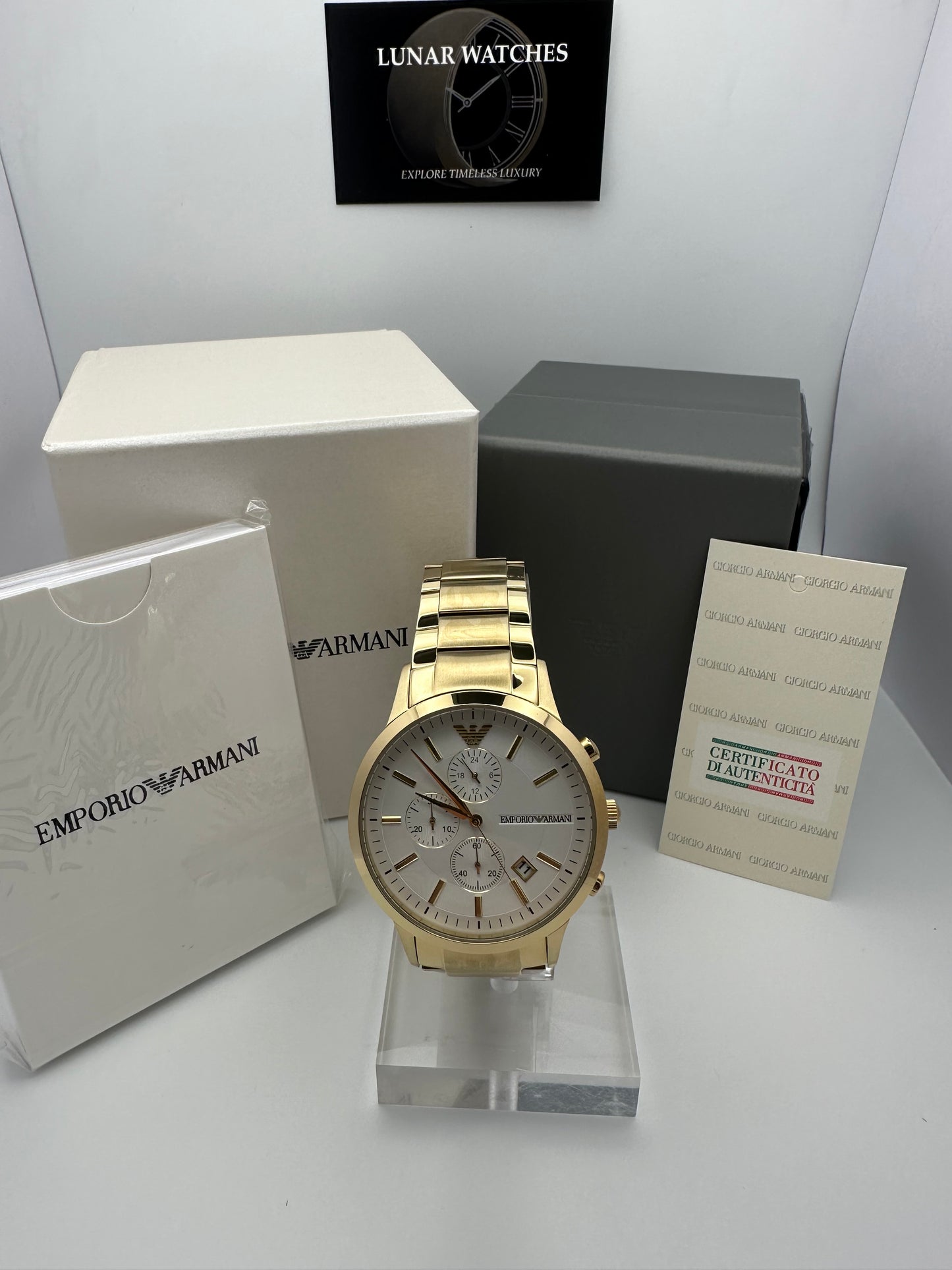 Emporio Armani 11332 Gold Tone White Dial Stainless Steel Mens Chronograph Watch