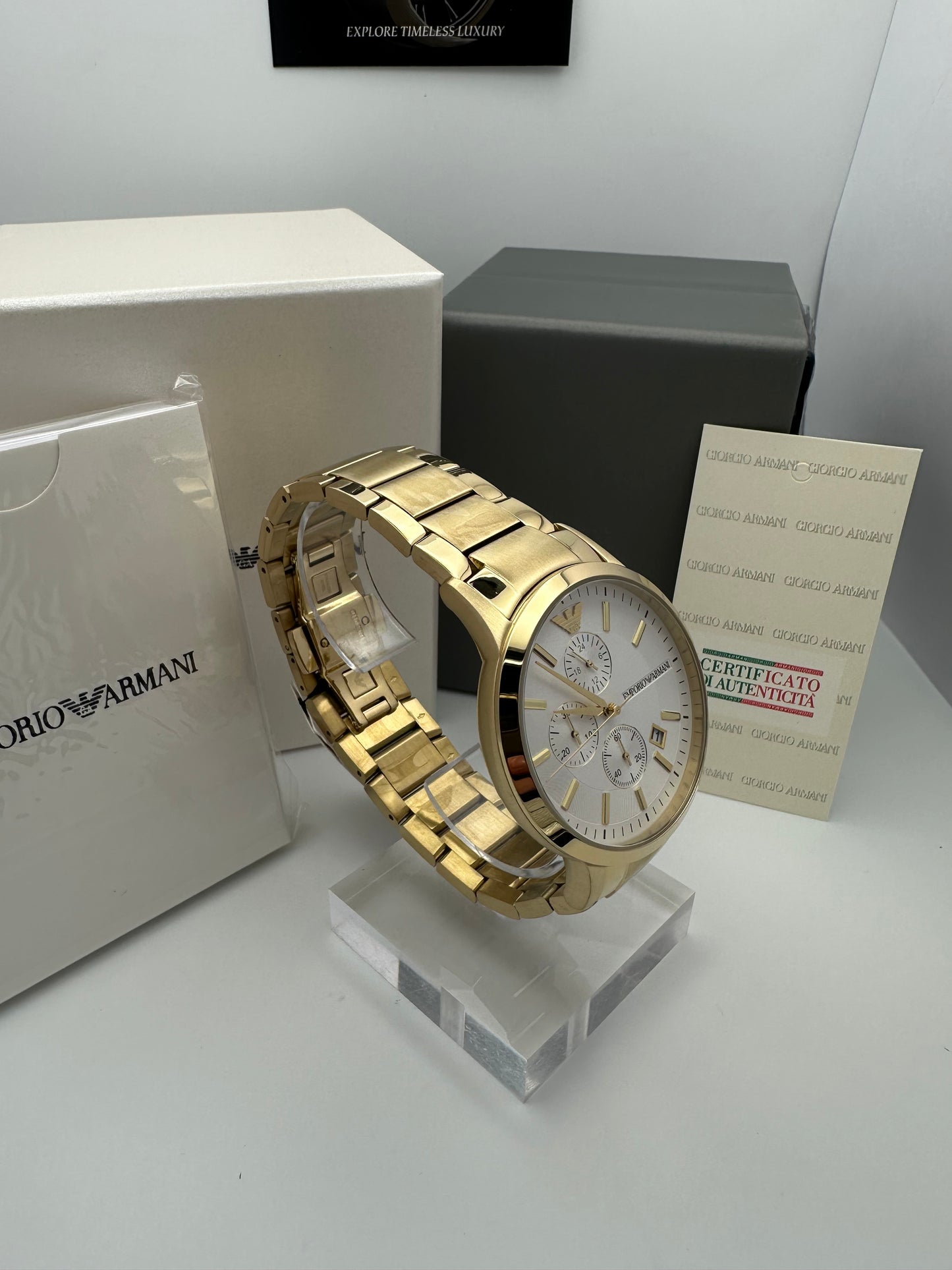 Emporio Armani 11332 Gold Tone White Dial Stainless Steel Mens Chronograph Watch