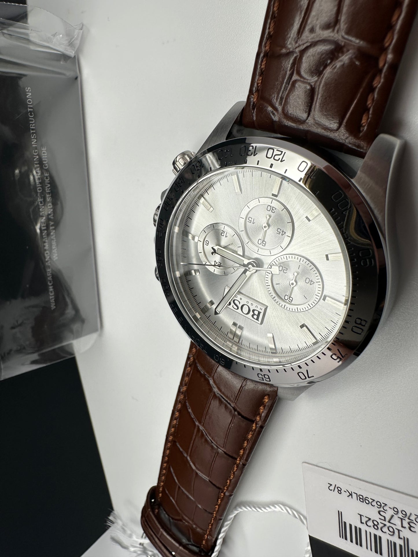 HB1513175 Luxury Silver Tone Dial Brown Leather Strap Mens Chronograph Watch