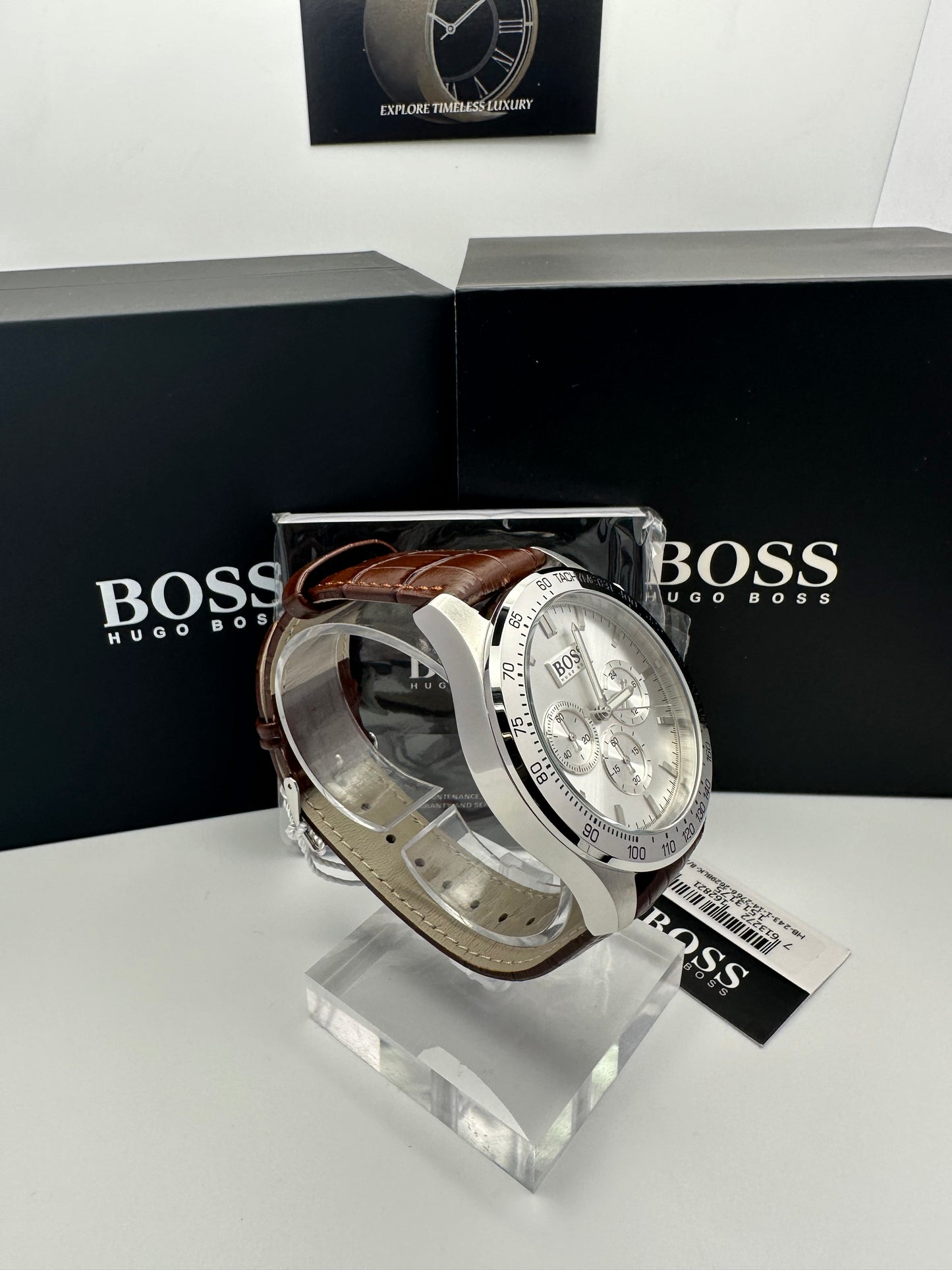 HB1513175 Luxury Silver Tone Dial Brown Leather Strap Mens Chronograph Watch