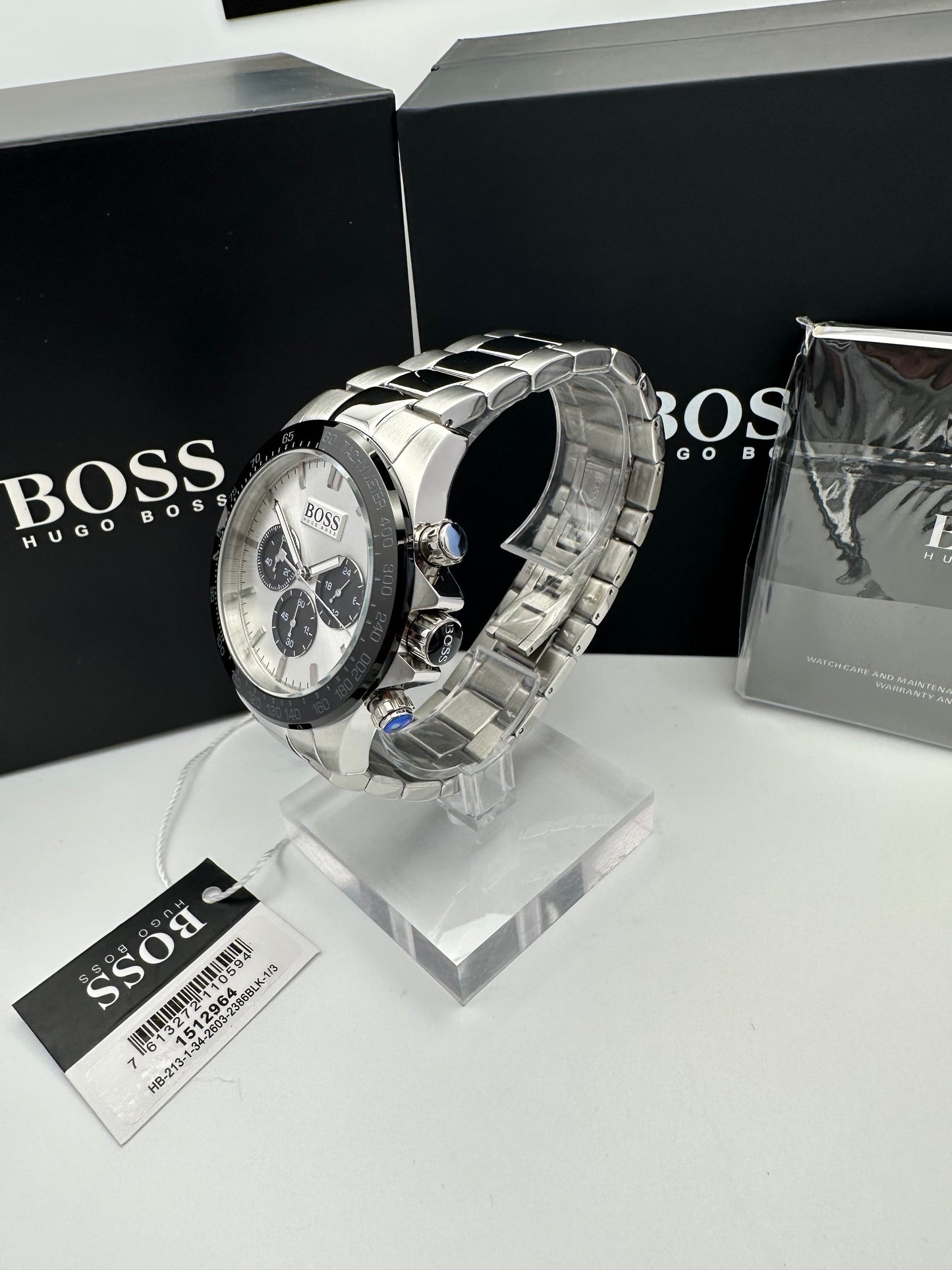 Hugo Boss 1512964 Silver Tone Stainless Steel Black Bezel Mens Chronograph Watch