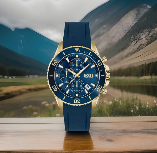 HB1513965 Admiral Blue & Gold Tone Dial Stainless Steel, Silicon Strap Mens Chronograph Watch