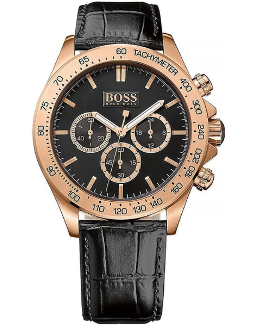 Hugo Boss Ikon 1513179 Leather Strap Black Dial Gold Tone Case Mens Chronograph Watch
