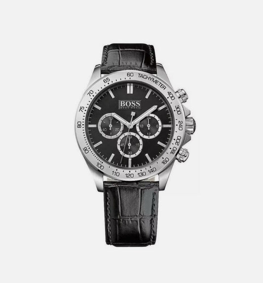 Hugo Boss Ikon 1513178 Leather Strap Black Dial Silver Tone Case Mens Chronograph Watch