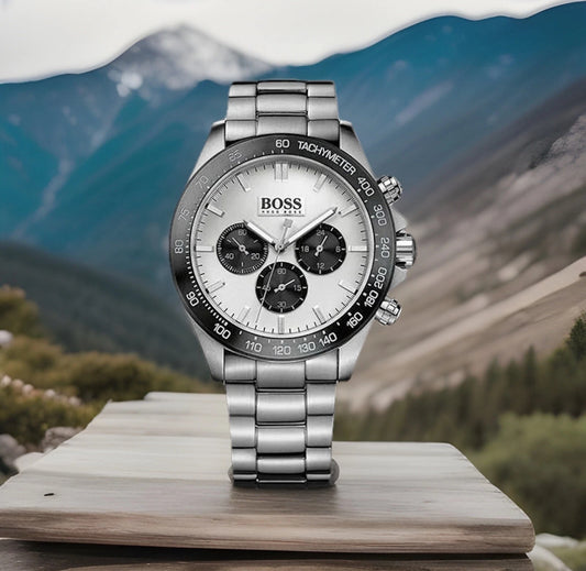 Hugo Boss 1512964 Silver Tone Stainless Steel Black Bezel Mens Chronograph Watch