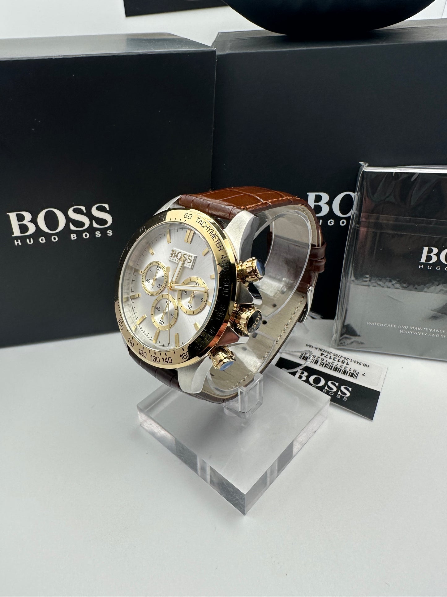 HB1513174 Ikon Gold Tone Stainless Steel Brown Leather Strap Mens Chronograph Watch