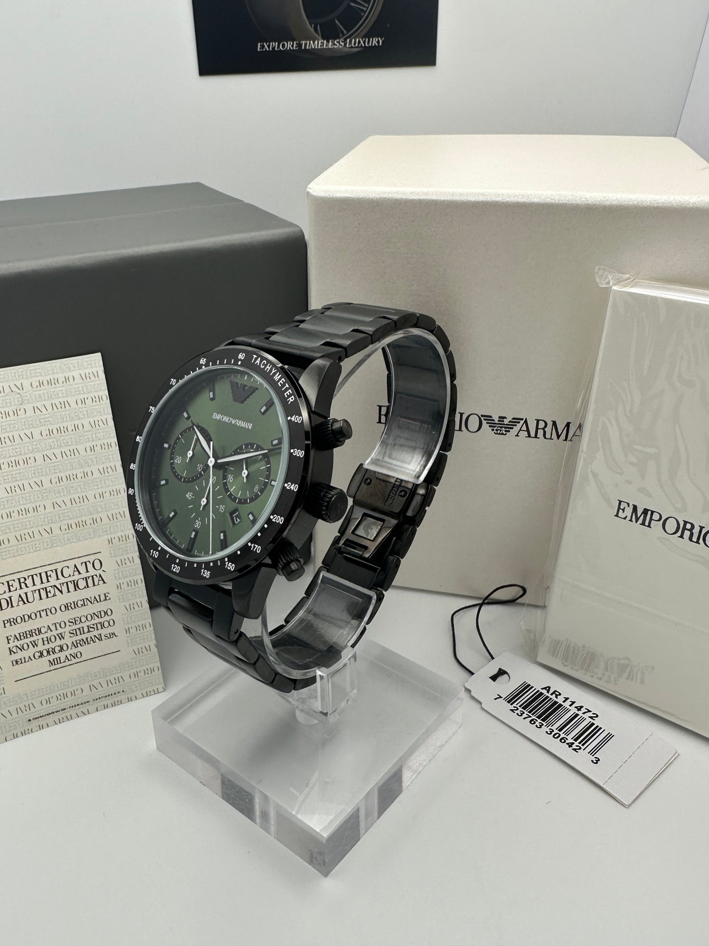 Emporio Armani 11472 Dark Green Dial Black Stainless Steel Mens Chronograph Watch