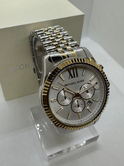 MK8344 Men’s Chronograph Watch – Sunburst Silver Dial with Stainless Steel Two-Tone Jubilee Strap