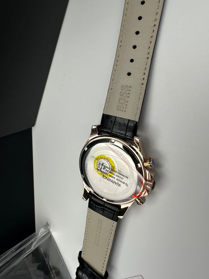 Hugo Boss Ikon 1513179 Leather Strap Black Dial Gold Tone Case Mens Chronograph Watch