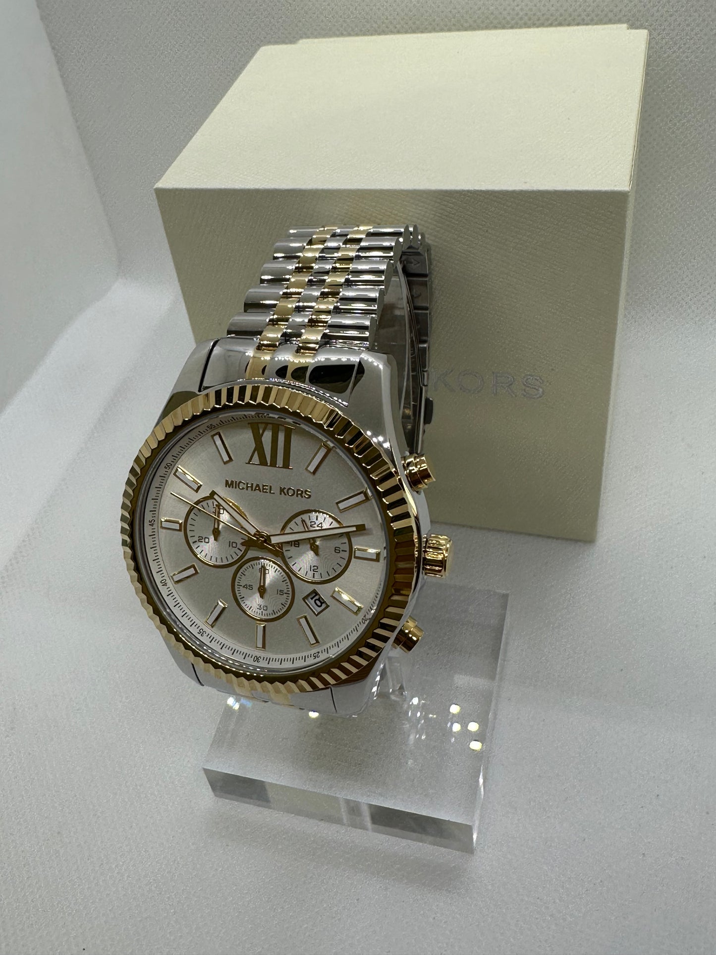 MK8344 Men’s Chronograph Watch – Sunburst Silver Dial with Stainless Steel Two-Tone Jubilee Strap