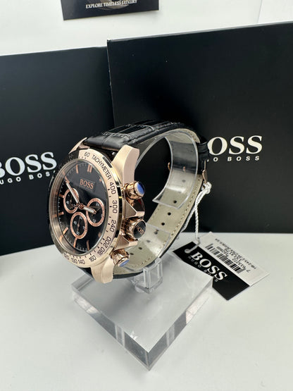 Hugo Boss Ikon 1513179 Leather Strap Black Dial Gold Tone Case Mens Chronograph Watch