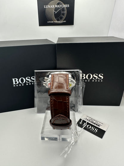 HB1513175 Luxury Silver Tone Dial Brown Leather Strap Mens Chronograph Watch