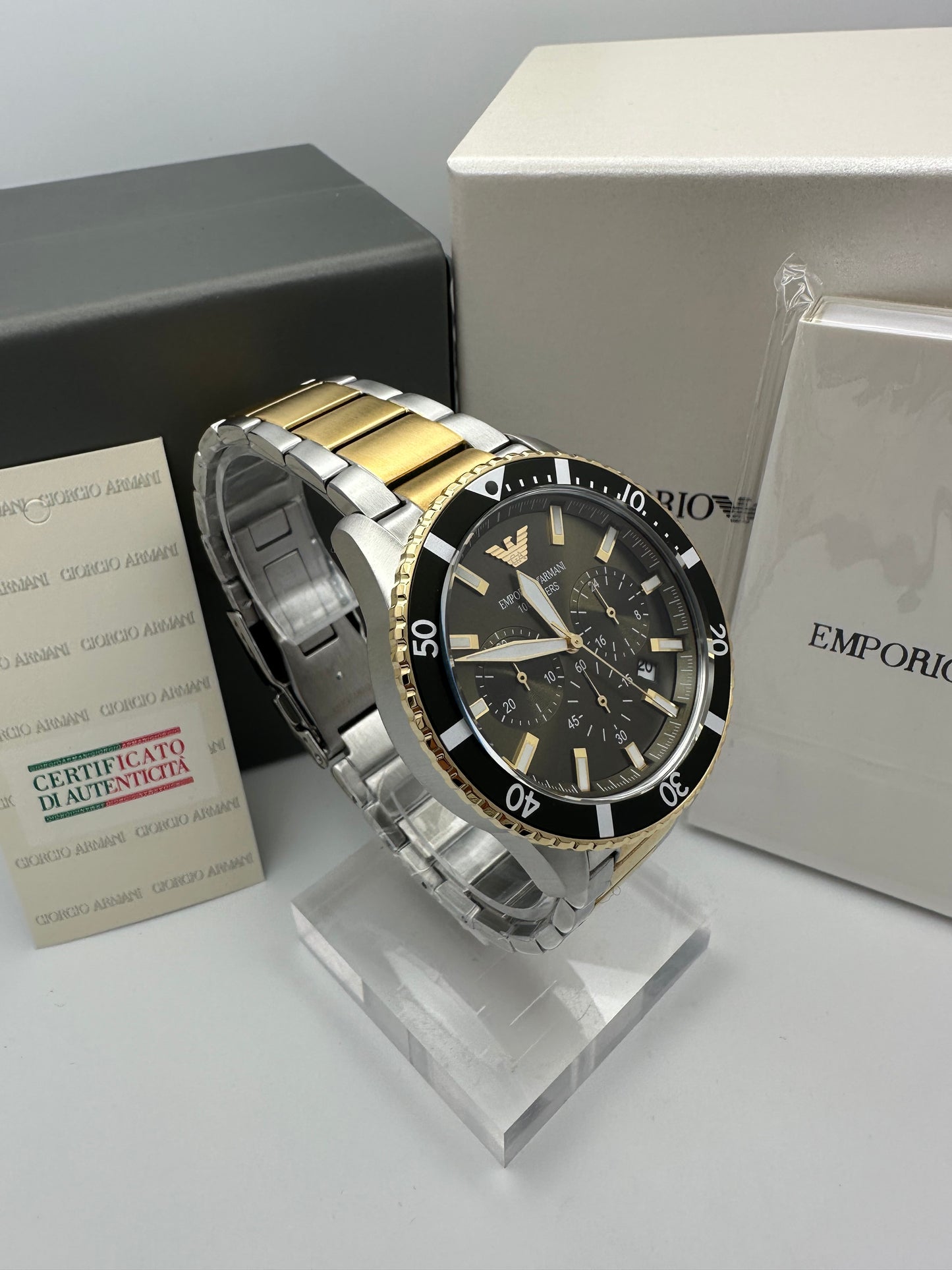Emporio Armani Mens Diver Watch AR11361 Two Tone Stainless Steel Mens Chronograph Watch