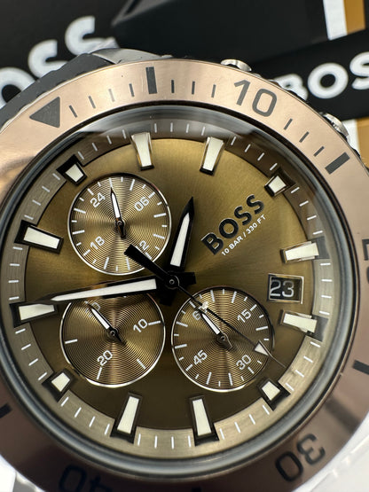 BOSS Admiral 1513967 Olive Green Dial Black Silicon Strap Mens Chronograph Watch