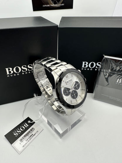 Hugo Boss 1512964 Silver Tone Stainless Steel Black Bezel Mens Chronograph Watch