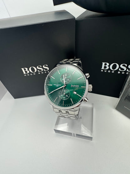 HB1513975 Green Dial Silver Tone Bracelet Stainless Steel Mens Chronograph Watch