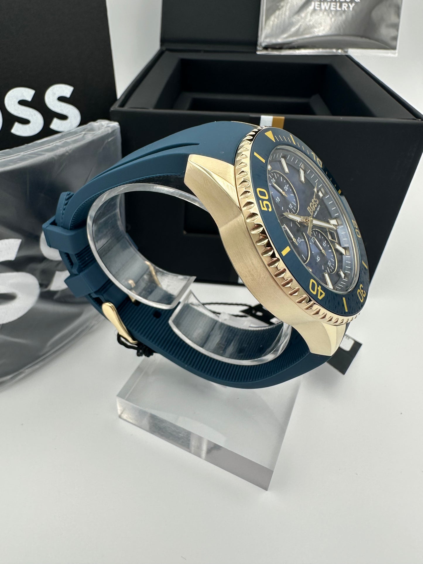 Boss 1513965 Admiral Blue & Gold Tone Dial Stainless Steel, Silicon Strap Mens Chronograph Watch