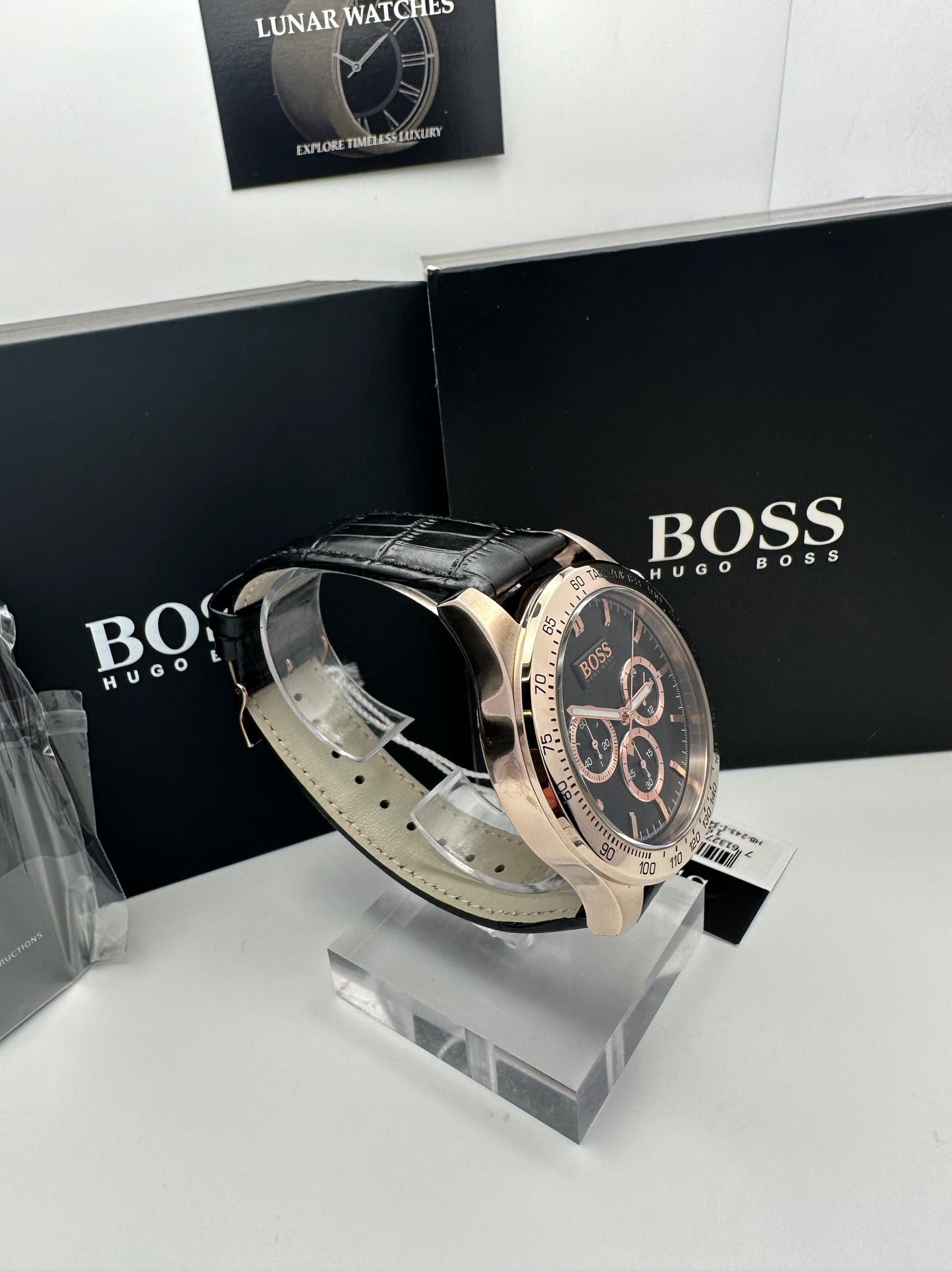 Hugo Boss Ikon 1513179 Leather Strap Black Dial Gold Tone Case Mens Chronograph Watch