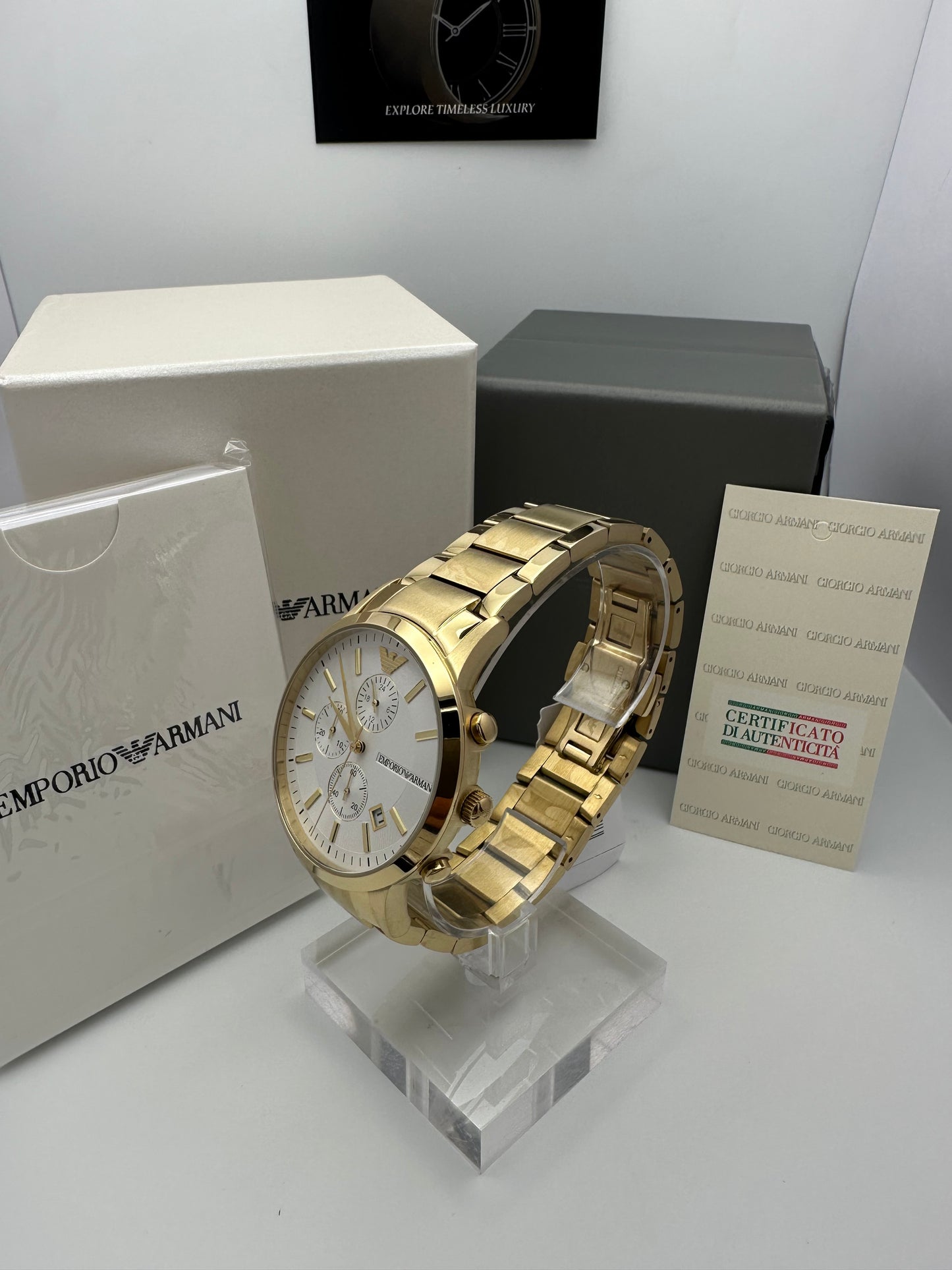 Emporio Armani 11332 Gold Tone White Dial Stainless Steel Mens Chronograph Watch