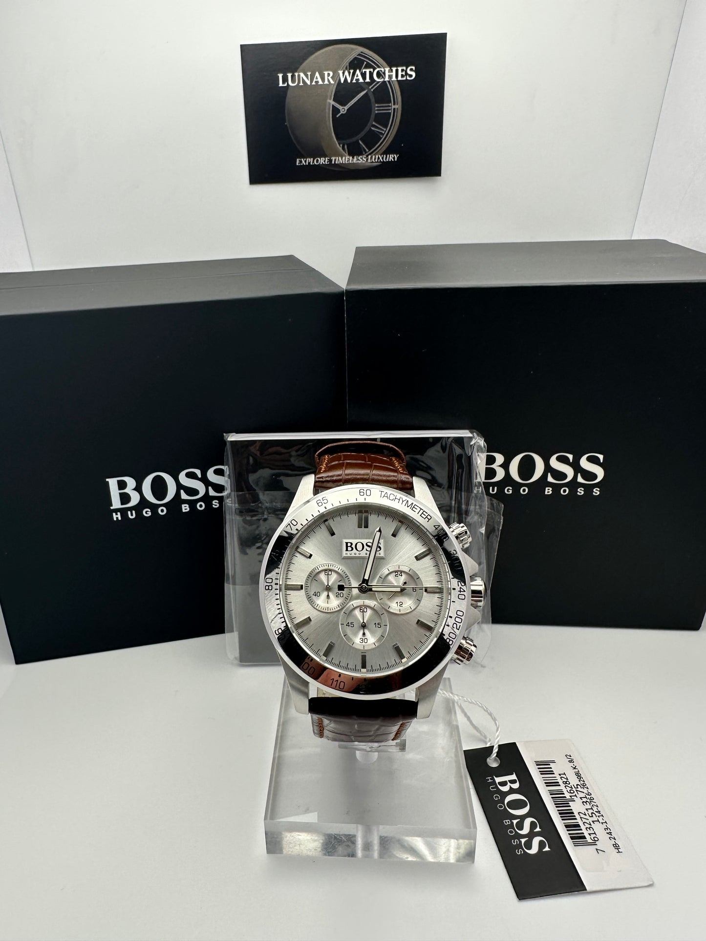 HB1513175 Luxury Silver Tone Dial Brown Leather Strap Mens Chronograph Watch