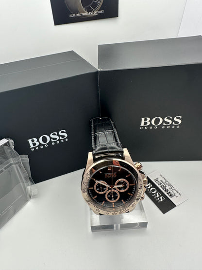 Hugo Boss Ikon 1513179 Leather Strap Black Dial Gold Tone Case Mens Chronograph Watch