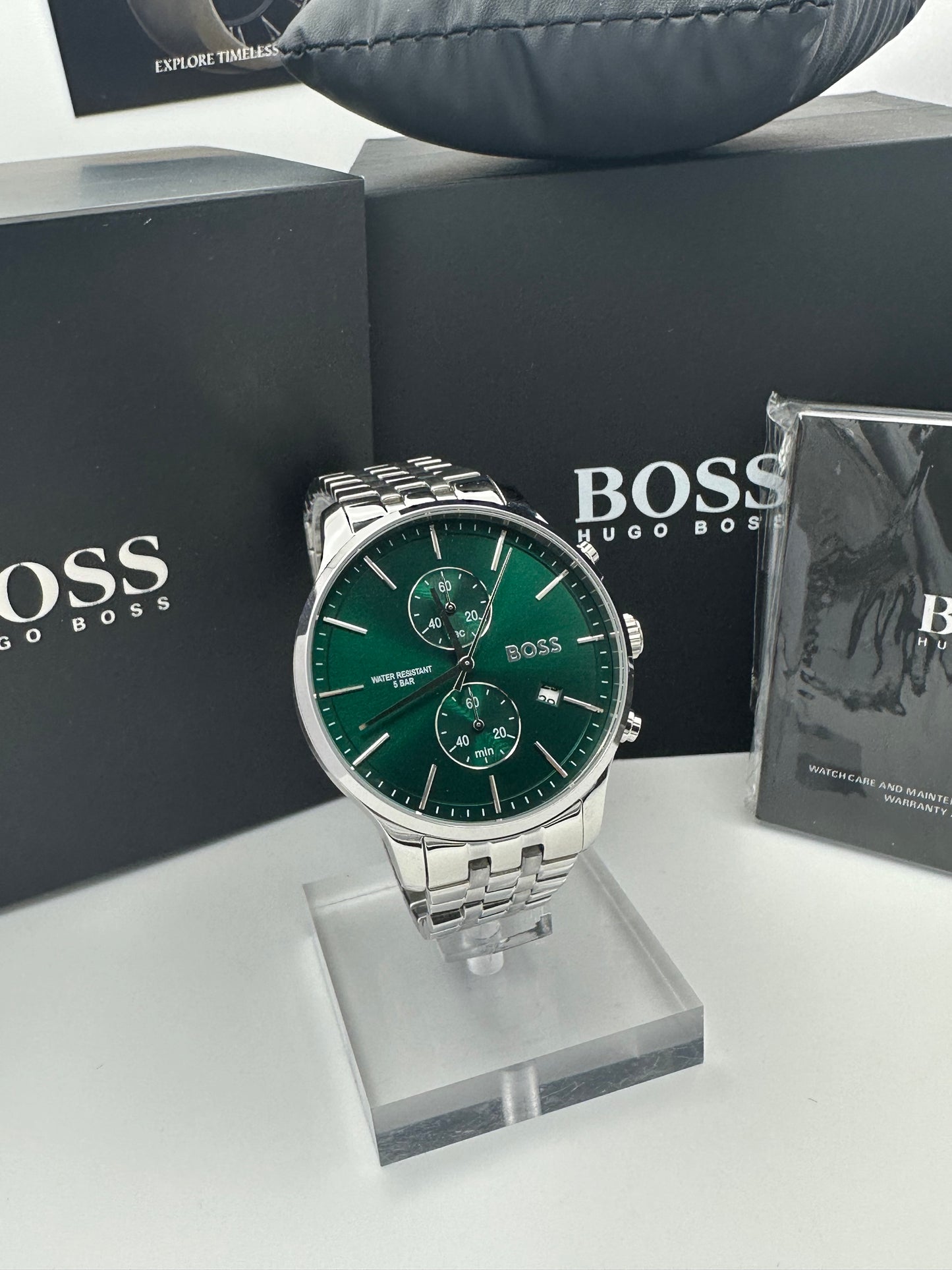 HB1513975 Green Dial Silver Tone Bracelet Stainless Steel Mens Chronograph Watch