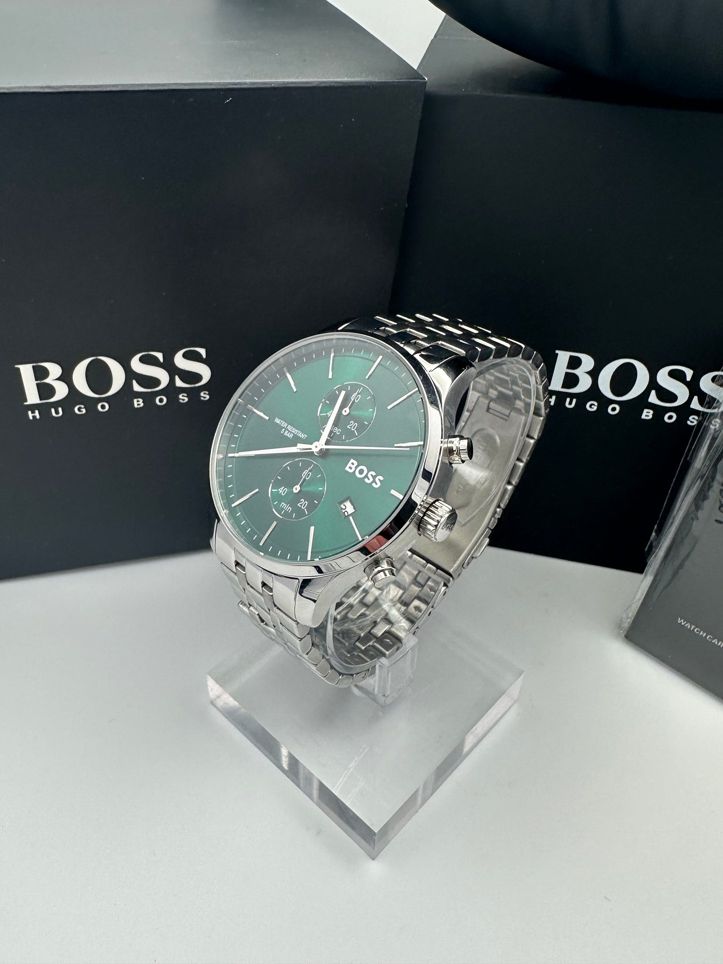 HB1513975 Green Dial Silver Tone Bracelet Stainless Steel Mens Chronograph Watch