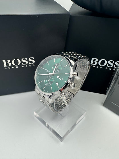 HB1513975 Green Dial Silver Tone Bracelet Stainless Steel Mens Chronograph Watch