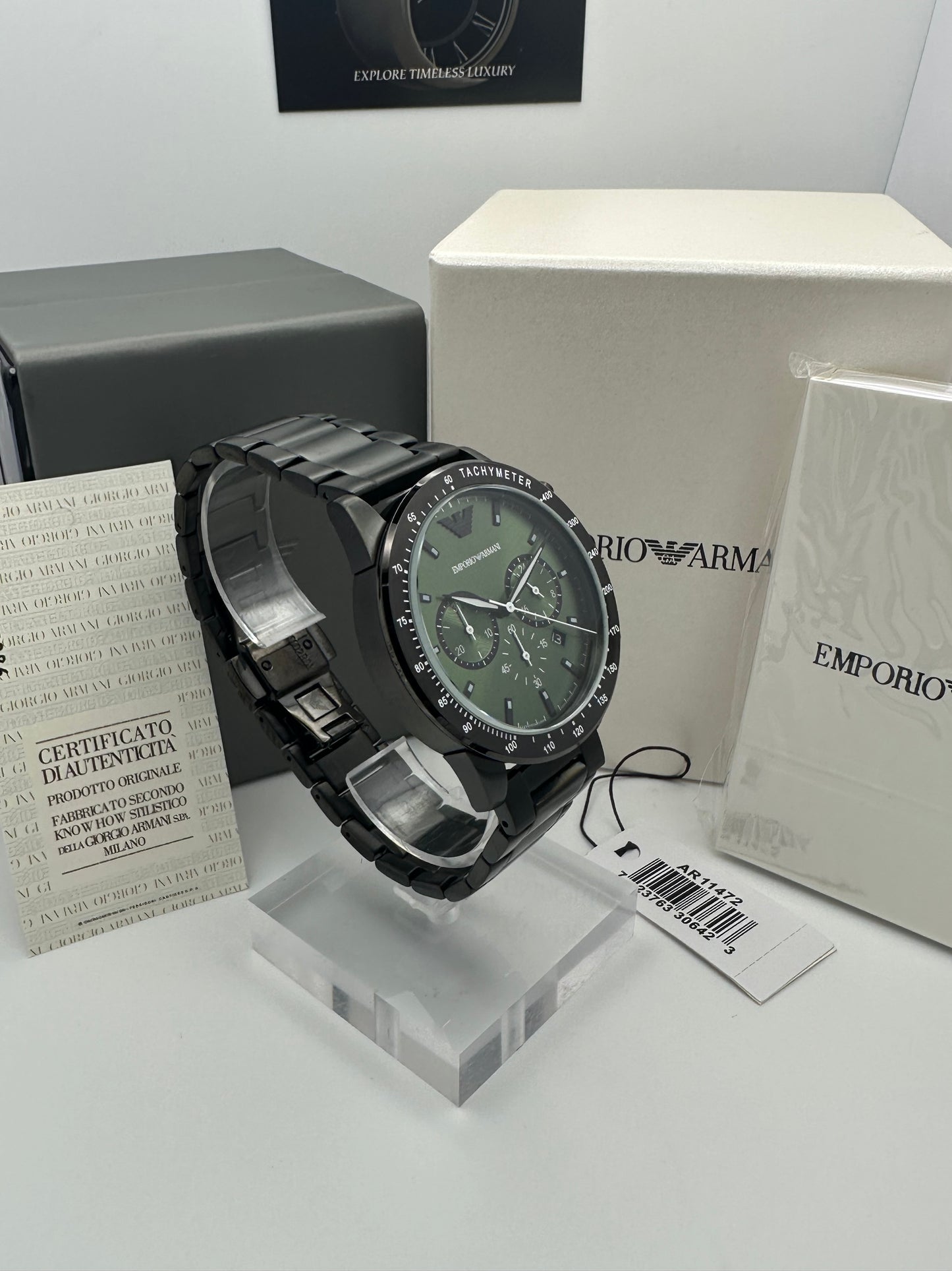 Emporio Armani 11472 Dark Green Dial Black Stainless Steel Mens Chronograph Watch