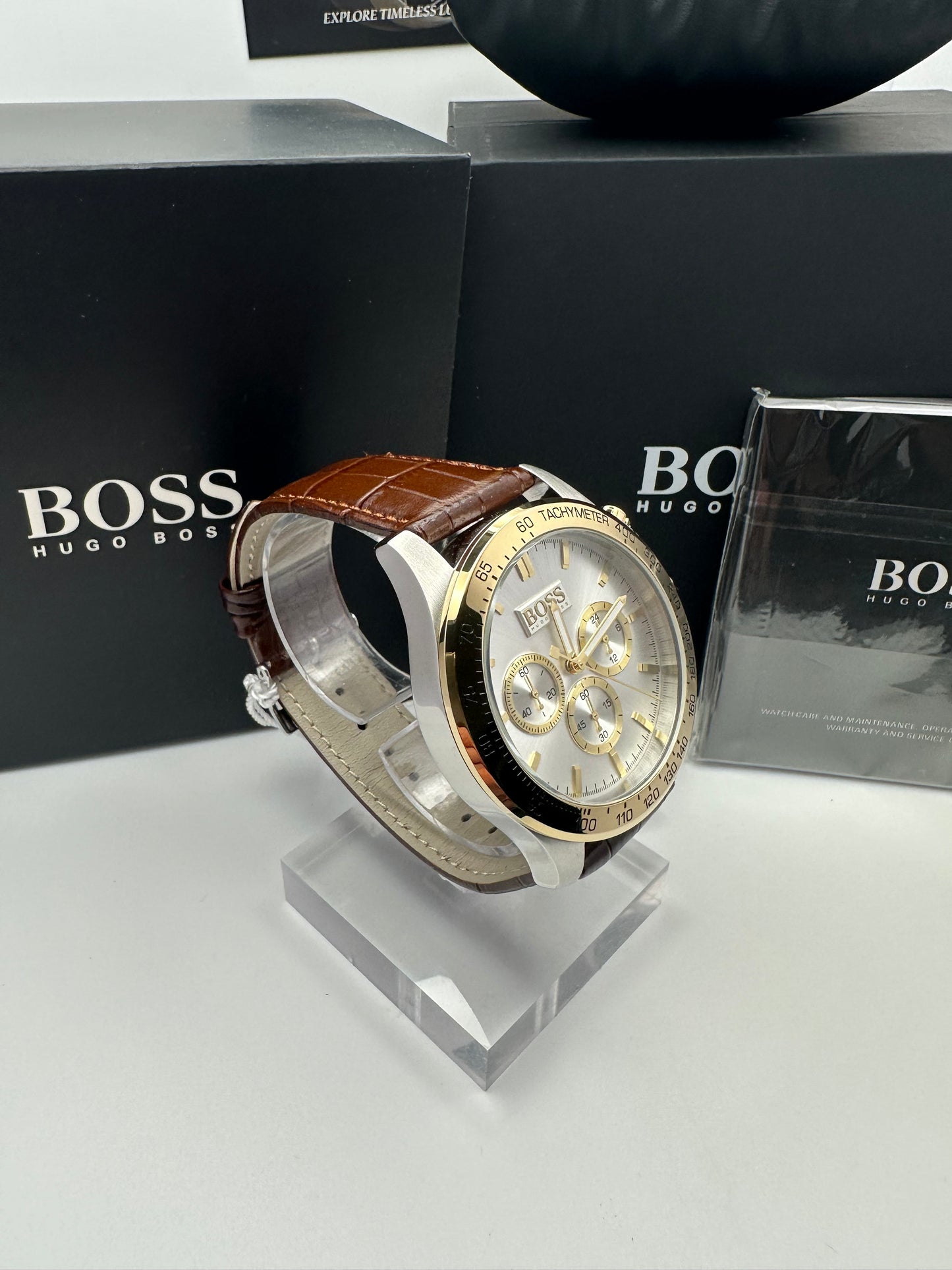 HB1513174 Ikon Gold Tone Stainless Steel Brown Leather Strap Mens Chronograph Watch