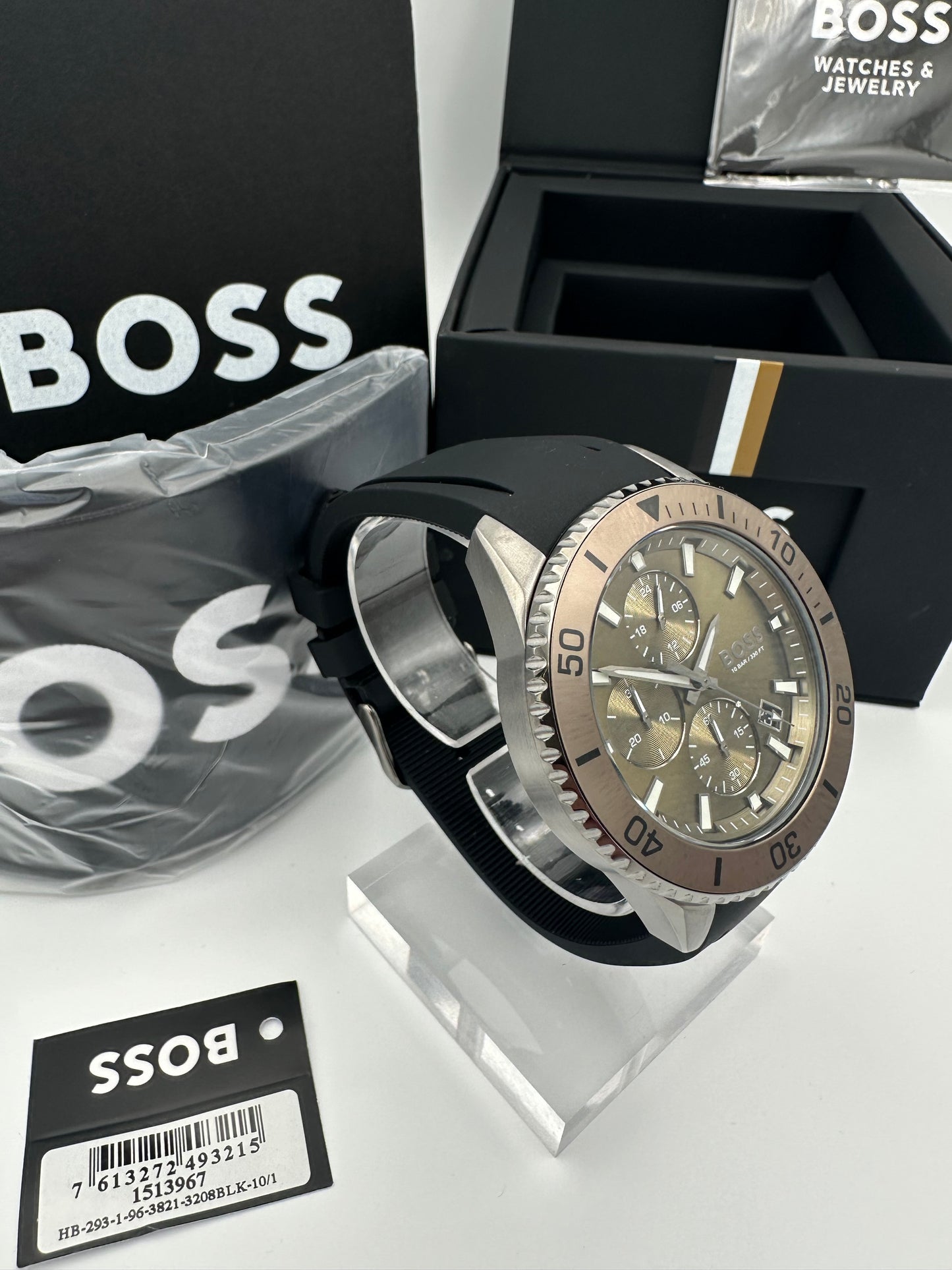 BOSS Admiral 1513967 Olive Green Dial Black Silicon Strap Mens Chronograph Watch
