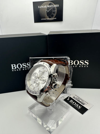 HB1513175 Luxury Silver Tone Dial Brown Leather Strap Mens Chronograph Watch