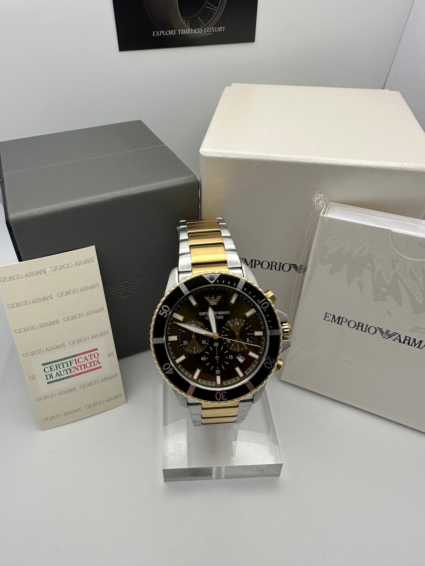 Emporio Armani Mens Diver Watch AR11361 Two Tone Stainless Steel Mens Chronograph Watch