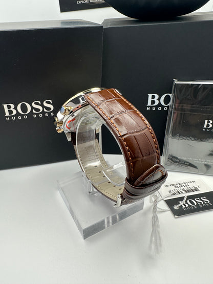 HB1513174 Ikon Gold Tone Stainless Steel Brown Leather Strap Mens Chronograph Watch