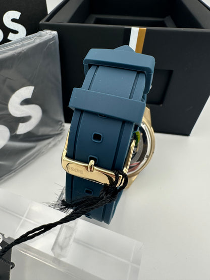 Boss 1513965 Admiral Blue & Gold Tone Dial Stainless Steel, Silicon Strap Mens Chronograph Watch