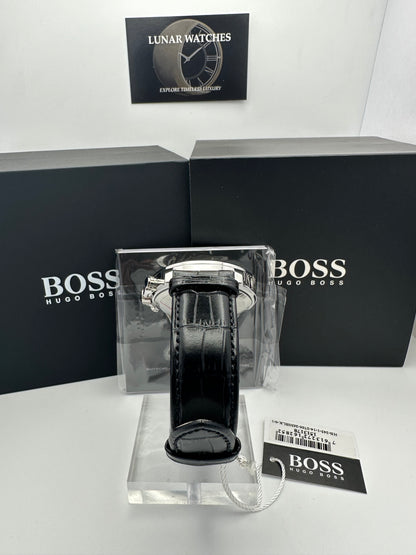 Hugo Boss Ikon 1513178 Leather Strap Black Dial Silver Tone Case Mens Chronograph Watch