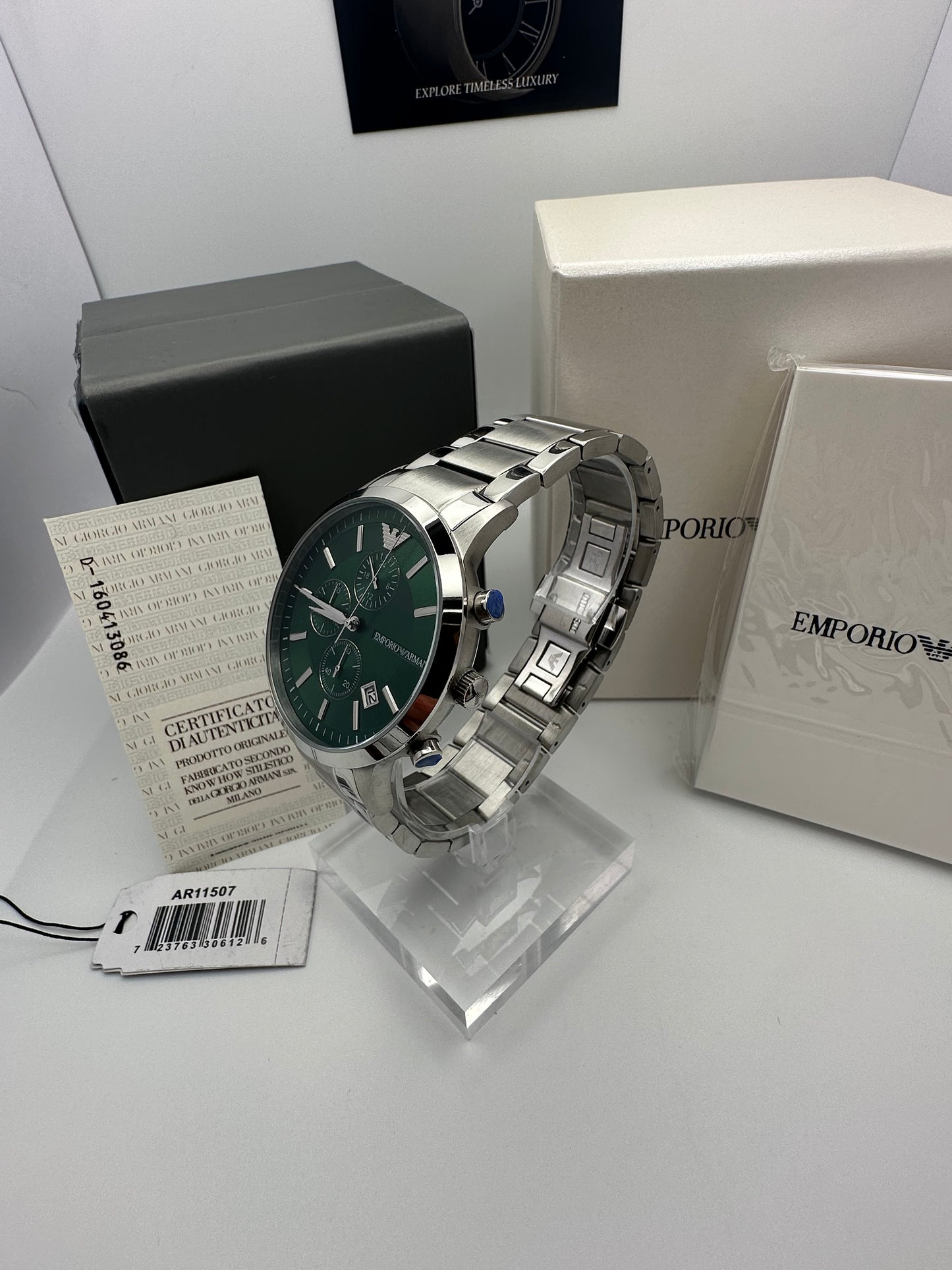 Emporio Armani 11507 Renato Hulk Green Dial Silver Tone Stainless Steel Mens Chronograph Watch