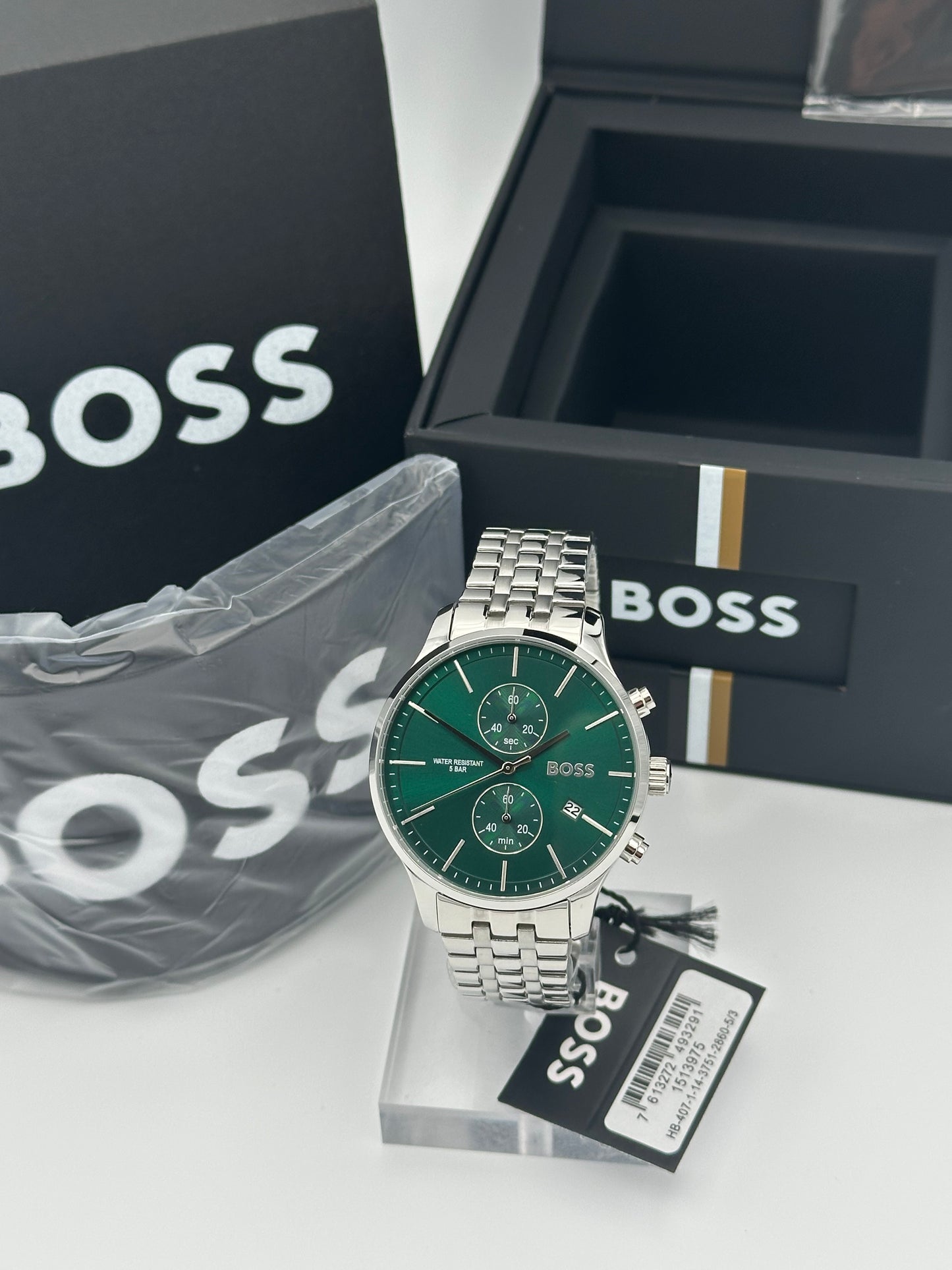 Boss 1513975 Green Dial Silver Tone Bracelet Stainless Steel Mens Chronograph Watch