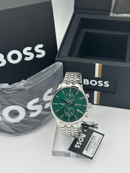 Boss 1513975 Green Dial Silver Tone Bracelet Stainless Steel Mens Chronograph Watch