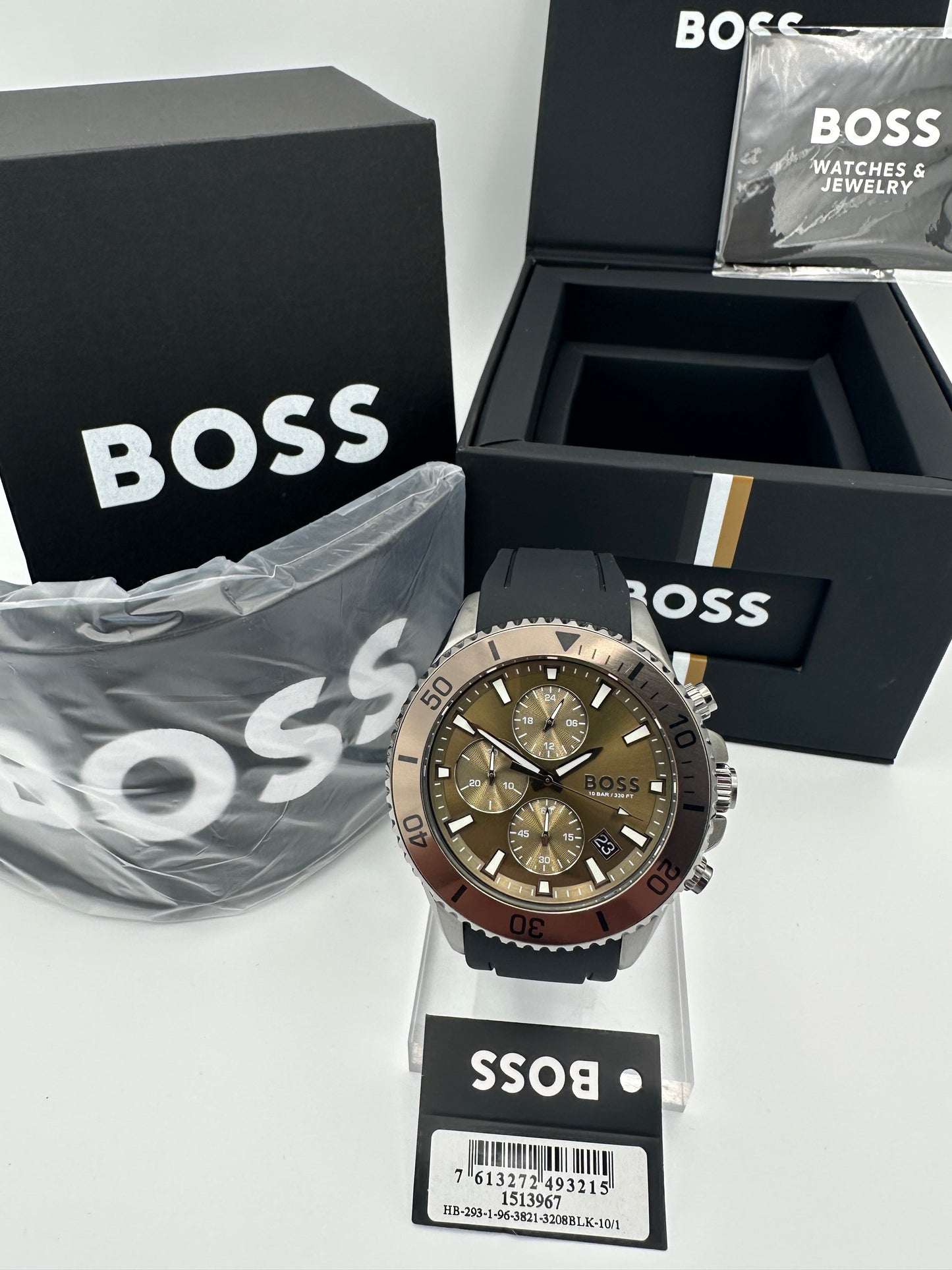 BOSS Admiral 1513967 Olive Green Dial Black Silicon Strap Mens Chronograph Watch