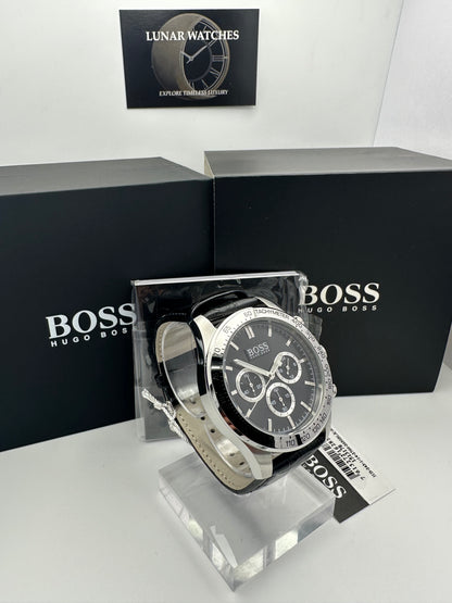 Hugo Boss Ikon 1513178 Leather Strap Black Dial Silver Tone Case Mens Chronograph Watch
