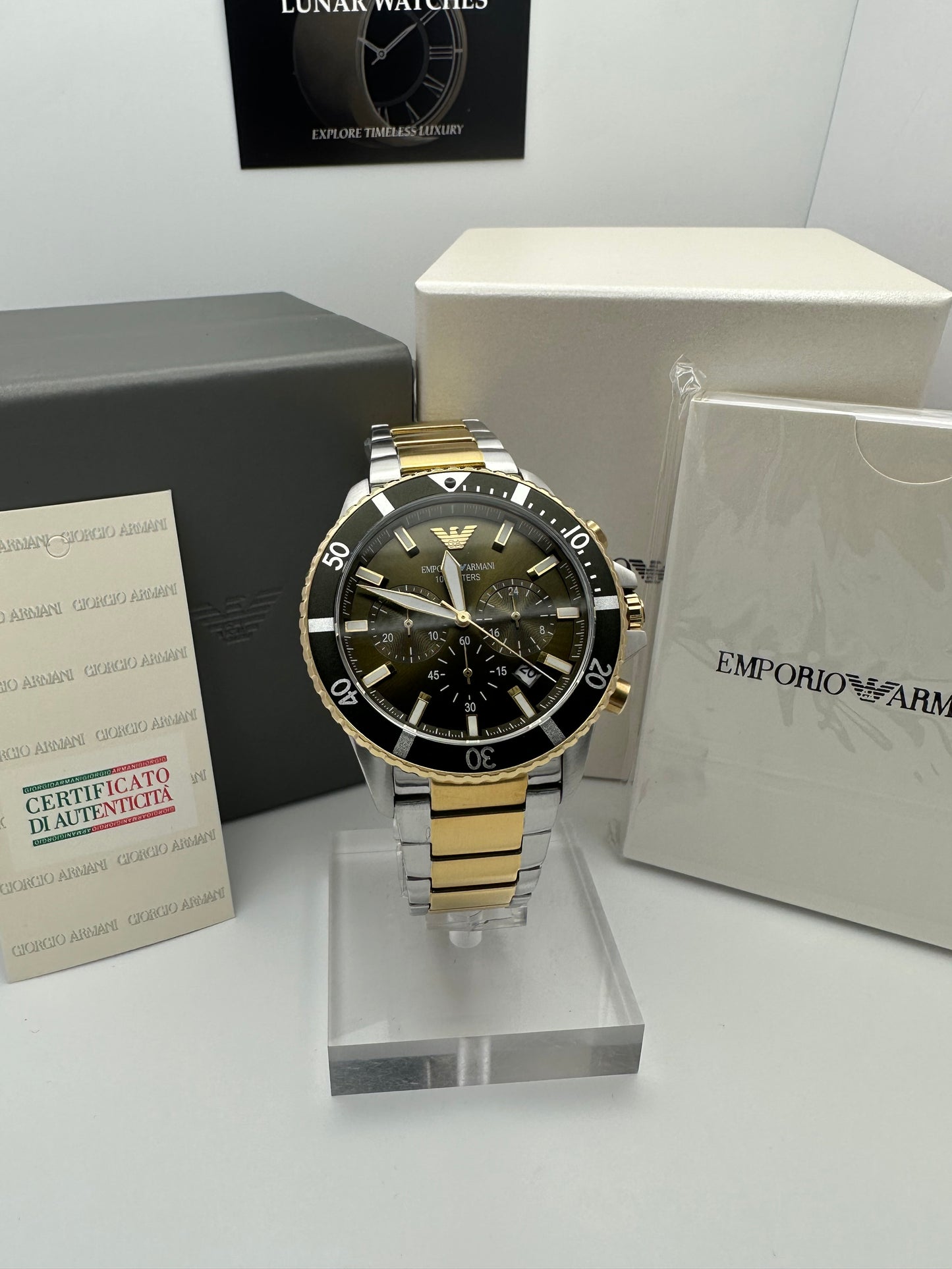 Emporio Armani Mens Diver Watch AR11361 Two Tone Stainless Steel Mens Chronograph Watch