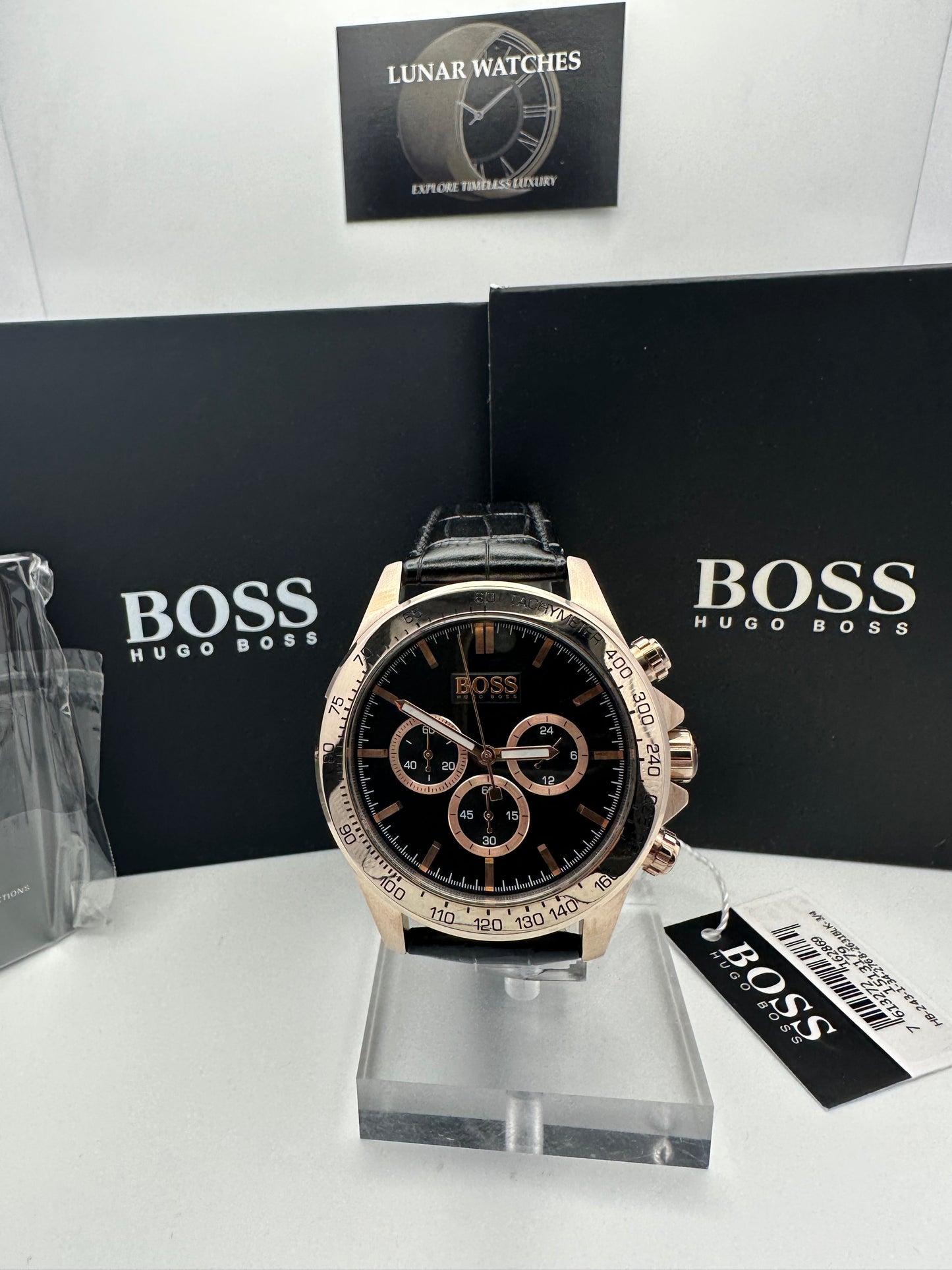 Hugo Boss Ikon 1513179 Leather Strap Black Dial Gold Tone Case Mens Chronograph Watch