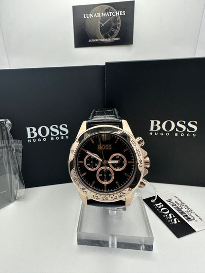 Hugo Boss Ikon 1513179 Leather Strap Black Dial Gold Tone Case Mens Chronograph Watch