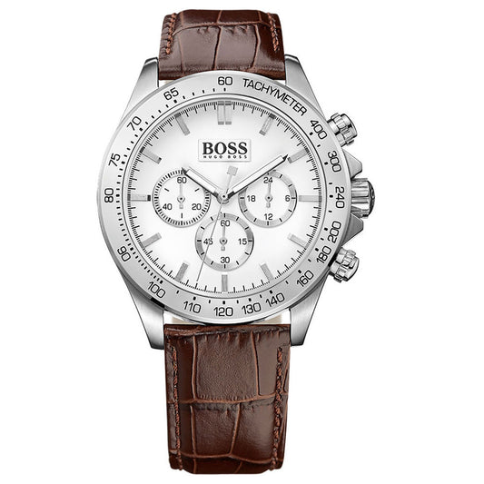 HB1513175 Luxury Silver Tone Dial Brown Leather Strap Mens Chronograph Watch